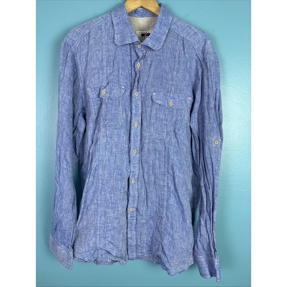 Joseph Abboud Mens Blue 100% Linen Roll Tab Long Sleeve Button Down Shirt XL